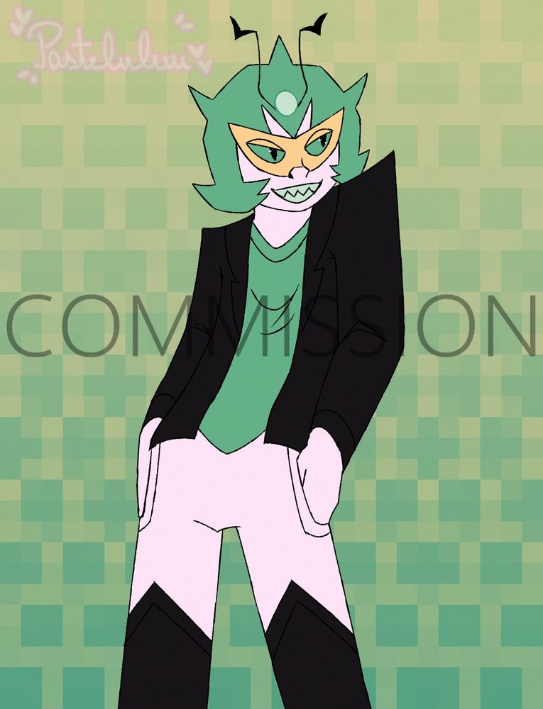a halfbody colored commission of my friend's sona, gabriel. he has green haired with spikes shaped like a helmet, a yellow over the eyes mask, green alien-esque eyes and light green teeth. he wears a green shirt with a black jacket. he has white pants and tall black boots.