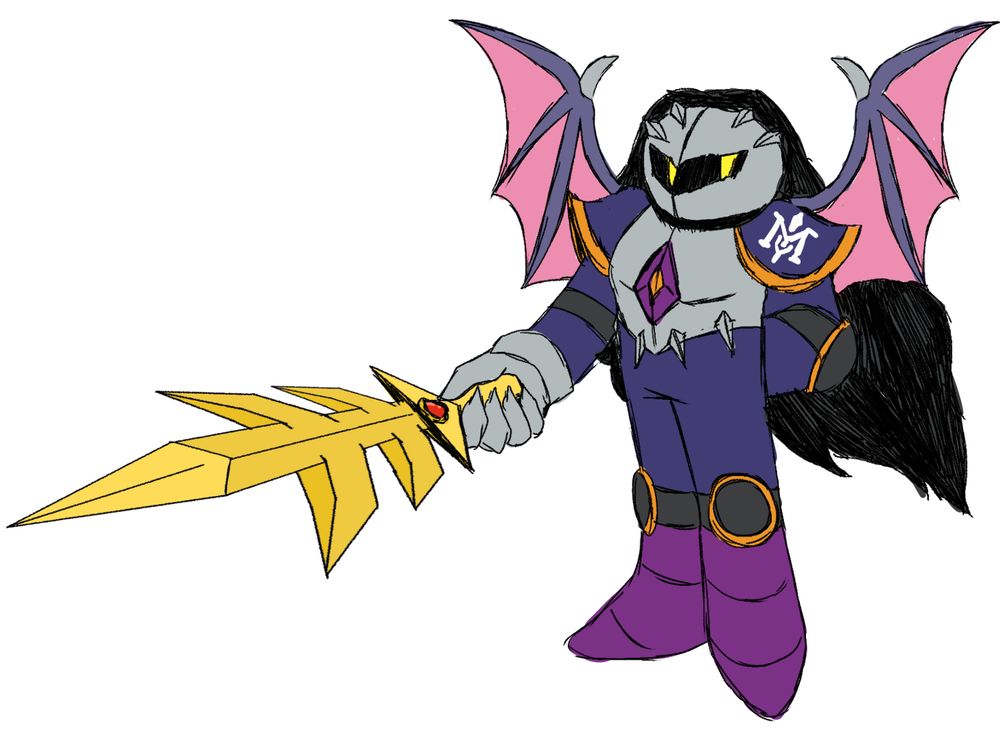 a humanized version of meta knight from kirby. he has dark long hair.