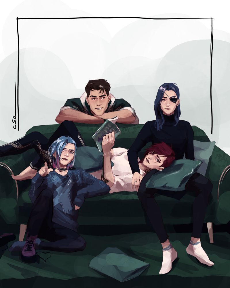 Jinx, Vi, Caitlyn and Jayce from Arcane are chilling on a sofa together. Vi has her head in Caitlyns lap and is reading a book about gardening.