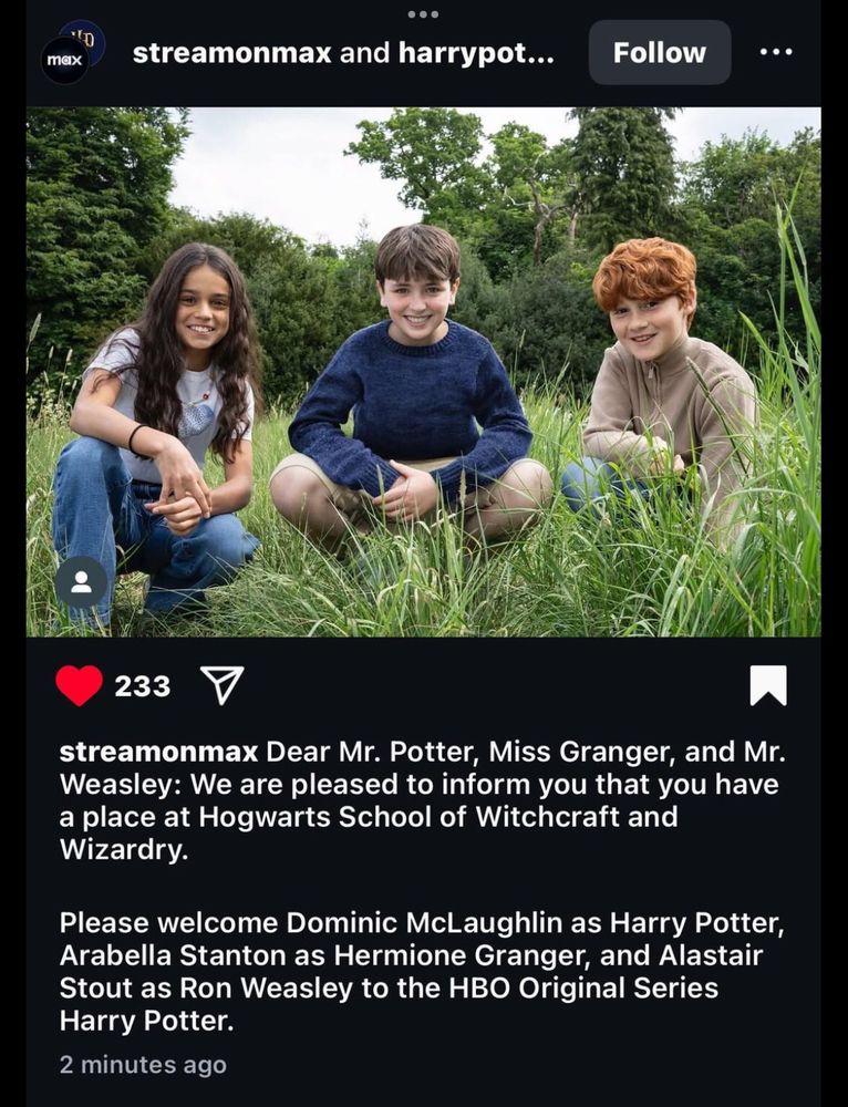 Screenshot of the HBO tweet announcing the actors playing Harry, Hermione, and Ron in the upcoming Harry Potter remake. They are: Dominic McLaughlin, Arabella Stanton, and Alastair Stout. 