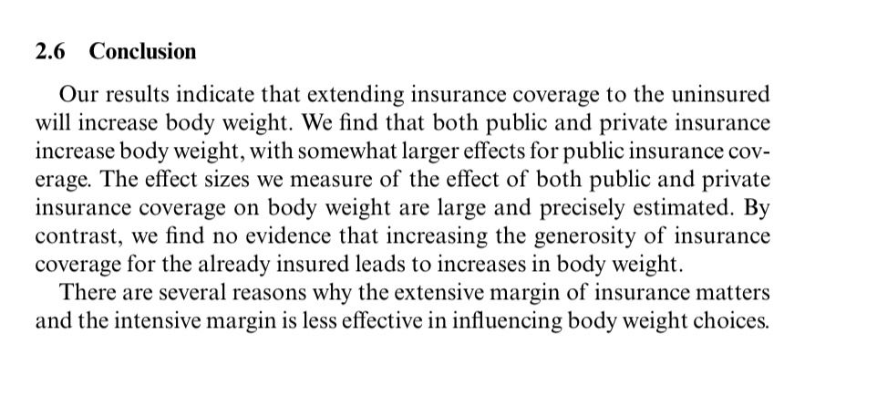Screen shot of book chapter that says 2.6 Conclusion
Our results indicate that extending insurance coverage to the uninsured will increase body weight. We find that both public and private insurance increase body weight, with somewhat larger effects for public insurance cov-erage. The effect sizes we measure of the effect of both public and private insurance coverage on body weight are large and precisely estimated. By contrast, we find no evidence that increasing the generosity of insurance coverage for the already insured leads to increases in body weight.
There are several reasons why the extensive margin of insurance matters and the intensive margin is less effective in influencing body weight choices.