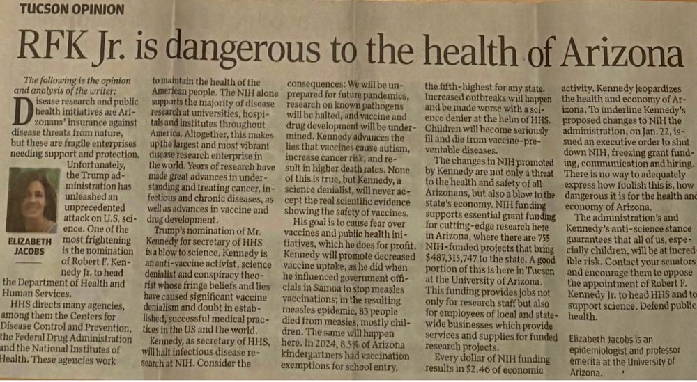 Screenshot of an OpEd titled RFK JR IS DANGEROUS TO THE HEALTH OF ARIZONANS. Text is in the link. 