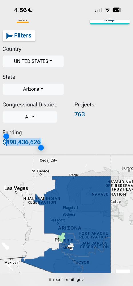 Screenshot showing that Arizona currently has $490,436,626 in NIH funding. 