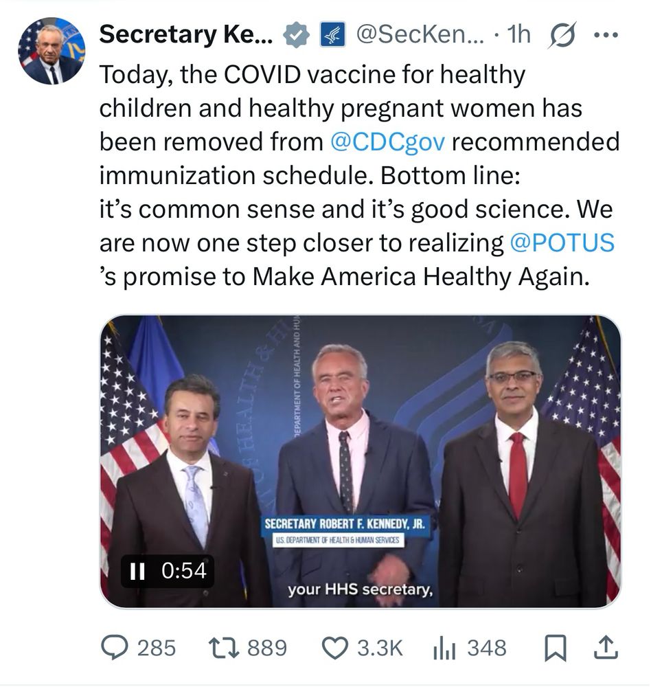 Screenshot of RFK Jr’s HHS Secretary account with a still of Makary, RFK Jr. and Bhattacharya standing in front of American flags looking smug. 