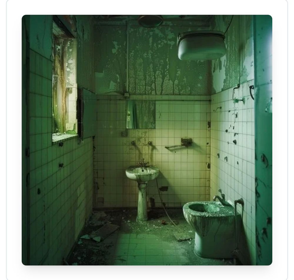 Photo of a derelict bathroom. There are filthy white tiles on the wall and the floor looks like it’s been flooded multiple times from the debris all over it. The sink and toilet are covered in something brown. 
