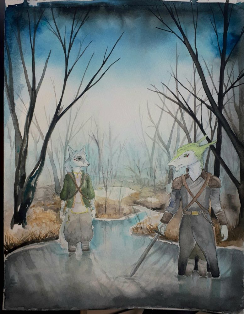 Watercolor painting. Swampy forest, bald black trees. Anthro arctic fox and a sergal standing in pond water wearing fictional late medieval clothes