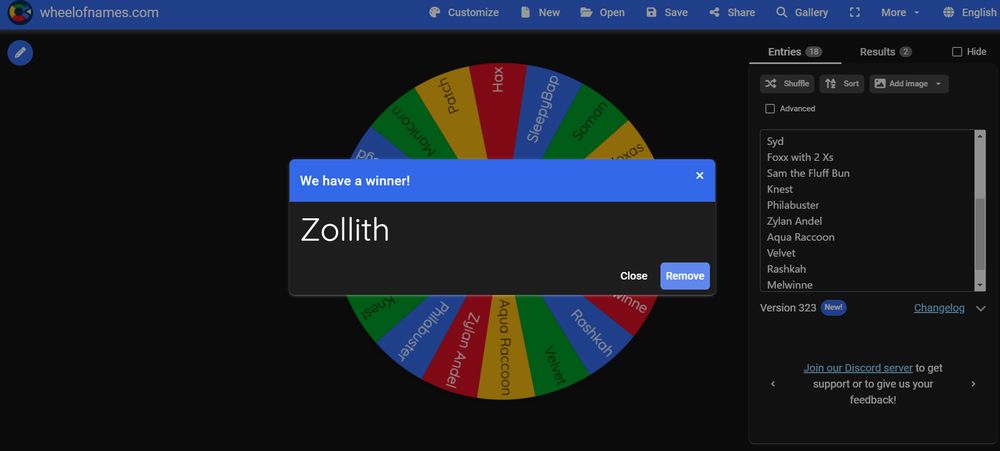 Wheel of names showing Zollith