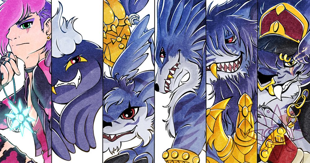 Commission piece of crabominable's Tamer OC Jonah and their Gazimon line, featuring Pagumon, Gazimon, Garurumon, MadLeomon and BanchoLeomon for the respective In-Training to Mega evolution lineup.