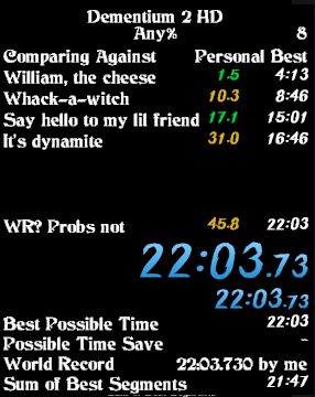 Splits for an Any% speedrun of Dementium II HD, displaying a new world record time of 22 minutes and 3 seconds