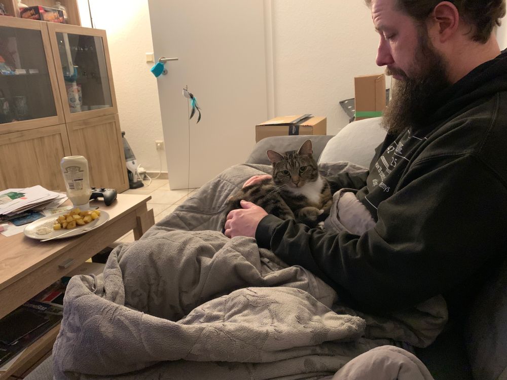 Ein Mann sitzt auf der Couch im Schneidersitz unter einer Decke. Auf seinem Schoß liegt eine Katze und auf dem Tisch, der etwas weiter weg steht, steht ein Teller mit Kartoffeln.