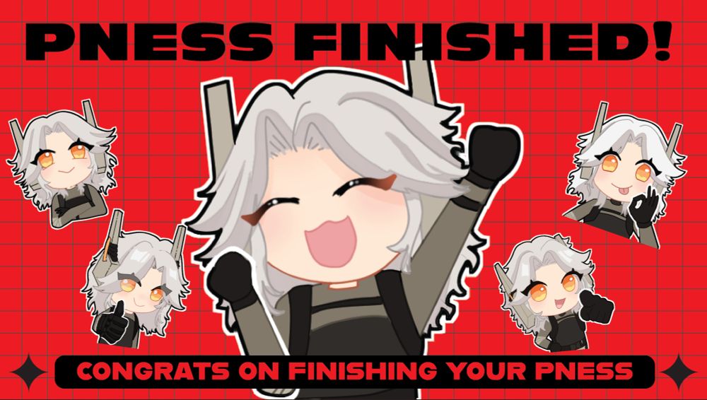 5 separate Phlox chibis against a vibrant red background with faint black grid. It reads, "P Ness Finished! Congrats on finishing your p ness."