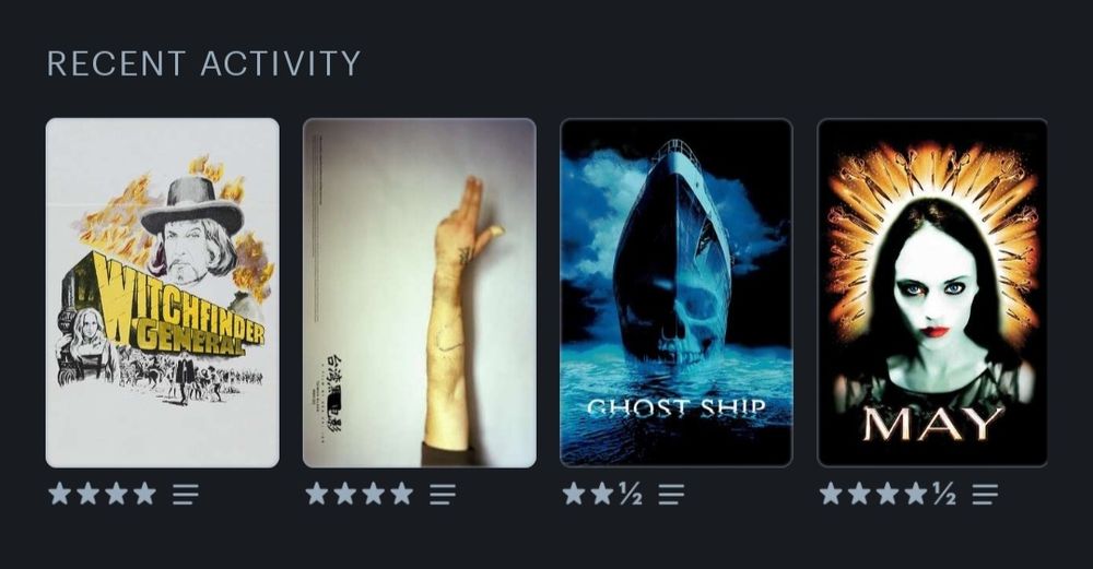 A cropped screenshot from the Letterboxd app of my "Recent Activity." Displayed are little movie posters for the following movies, along with my ratings for them (out of five stars); from left to right, they are:
• Witchfinder General (1968), 4 stars
• Taiwan Black Movies (2005), 4 stars
• Ghost Ship (2002), 2½ stars
• May (2002), 4½ stars