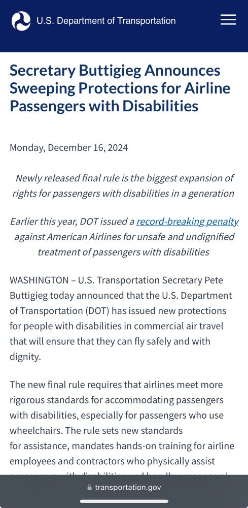A document from the Department of Transportation that outlines new proposals for the treatment of disabled people while flying to protect them and their mobility devices.