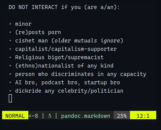 A list titled "DO NOT INTERACT if you" with bullet points including: minor, (re)posts porn, cishet man (older mutuals ignore), capitalist or capitalism-supporter, religious bigot or supremacist, (ethno)nationalist of any kind, person who discriminates in any capacity, AI bro, podcast bro, startup bro, or someone who idolizes celebrities/politicians.