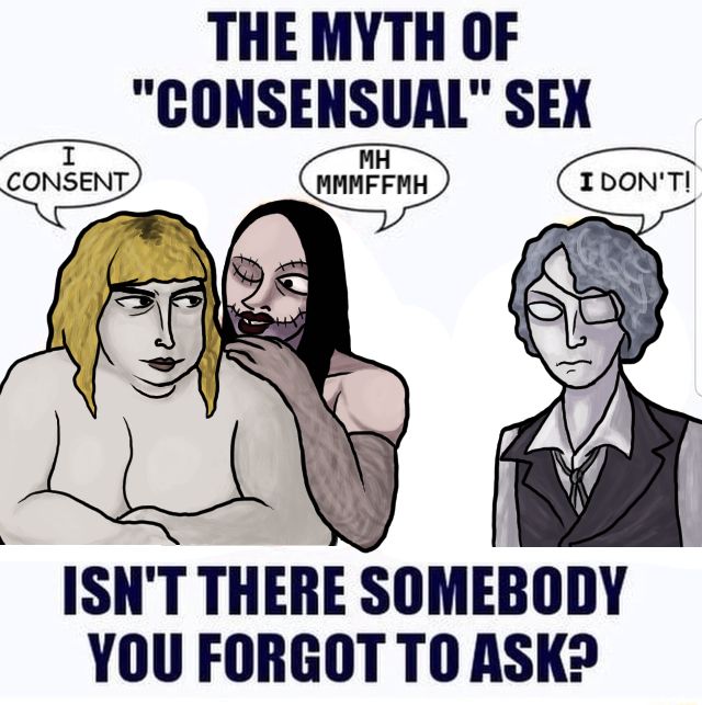 Stitches and Karin saying I consent (stitches has trouble with saying it since well she's got stitches in her mouth). While Daan stands in the side line saying I don't.