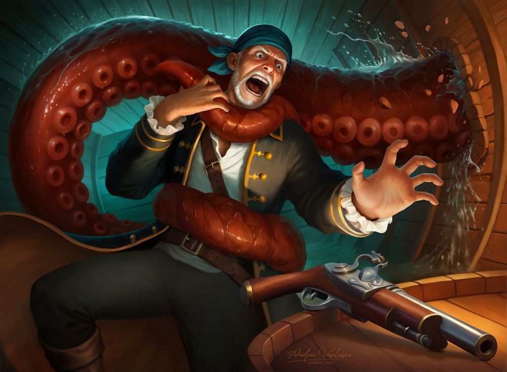 Inside a ship, a pirate is caught in a desperate struggle with a giant octopus tentacle. The tentacle has wrapped itself around the pirate's neck. He is desperately trying to pry the tentacle off his neck with one hand, while his other hand reaches out towards a pistol lying on a barrel. The tentacle is breaking through a porthole, causing water to pour inside the interior of the ship.