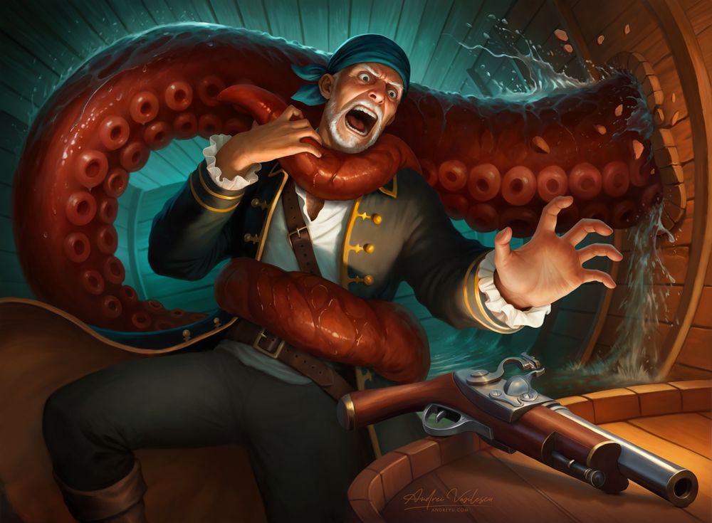 Inside a ship, a pirate is caught in a desperate struggle with a giant octopus tentacle. The tentacle has wrapped itself around the pirate's neck. He is desperately trying to pry the tentacle off his neck with one hand, while his other hand reaches out towards a pistol lying on a barrel. The tentacle is breaking through a porthole, causing water to pour inside the interior of the ship.