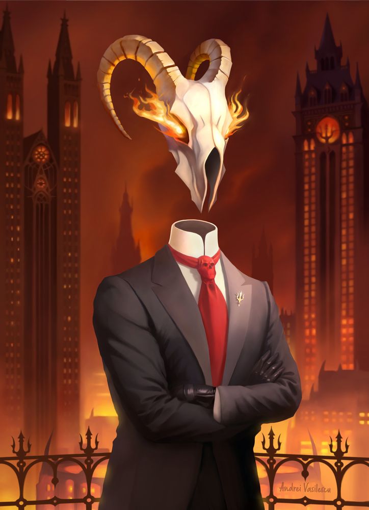 Demon dressed like a politician, with a gold trident lapel pin. In the background, an infernal city in hell.