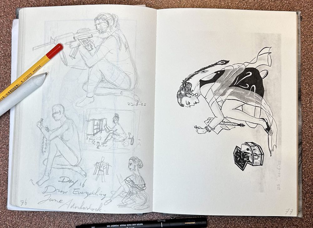 Photo of an open sketchbook. On the left page: lots of rough pencil drawings of a girl sitting on the floor and aiming a large rifle. There are also a few sketches of a head with her hair in an updo and very rough sketches to determine composition. A pencil, an ink pen and a smudger are lying next to the page.
On the right page; an ink drawing with pencil shading of a woman, sitting on the floor in almost the same pose as the model with the gun. She is holding up a ring with a big stone, and in her other hand she is holding a necklace and an open letter. On the floor before her is an open jewellery box. 