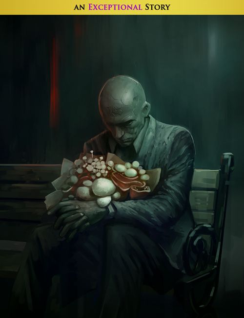 An image of a statue of a bald, long-coated man sat on a grey bench. An elaborate bouquet of mushrooms has been placed in his lap. 