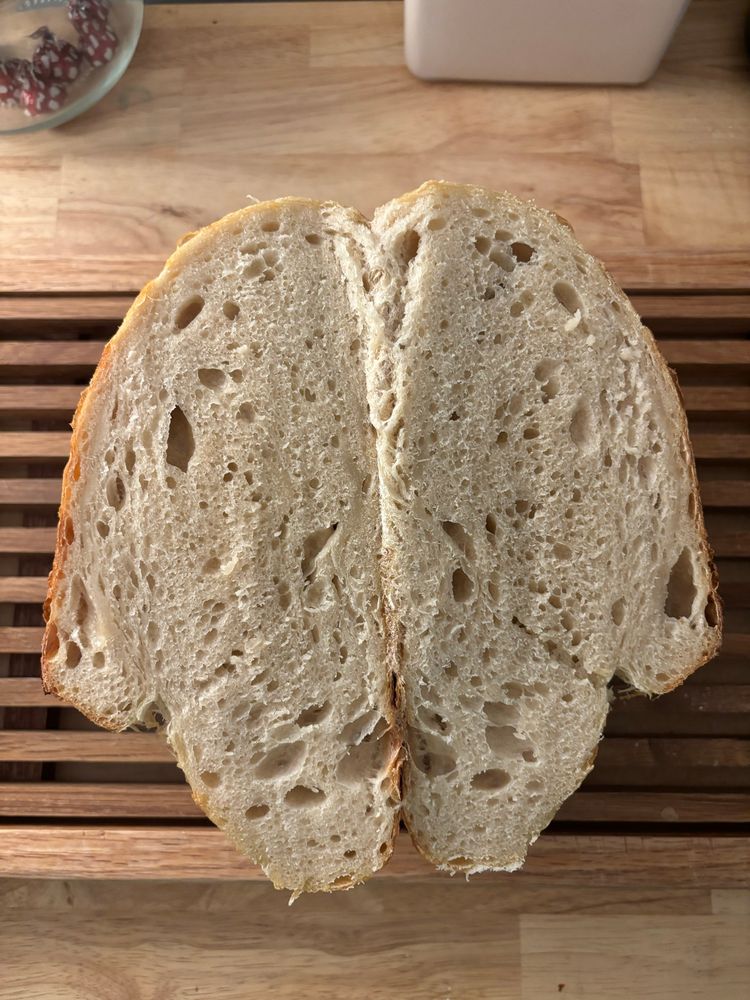 Sourdough loaf cut down the middle 