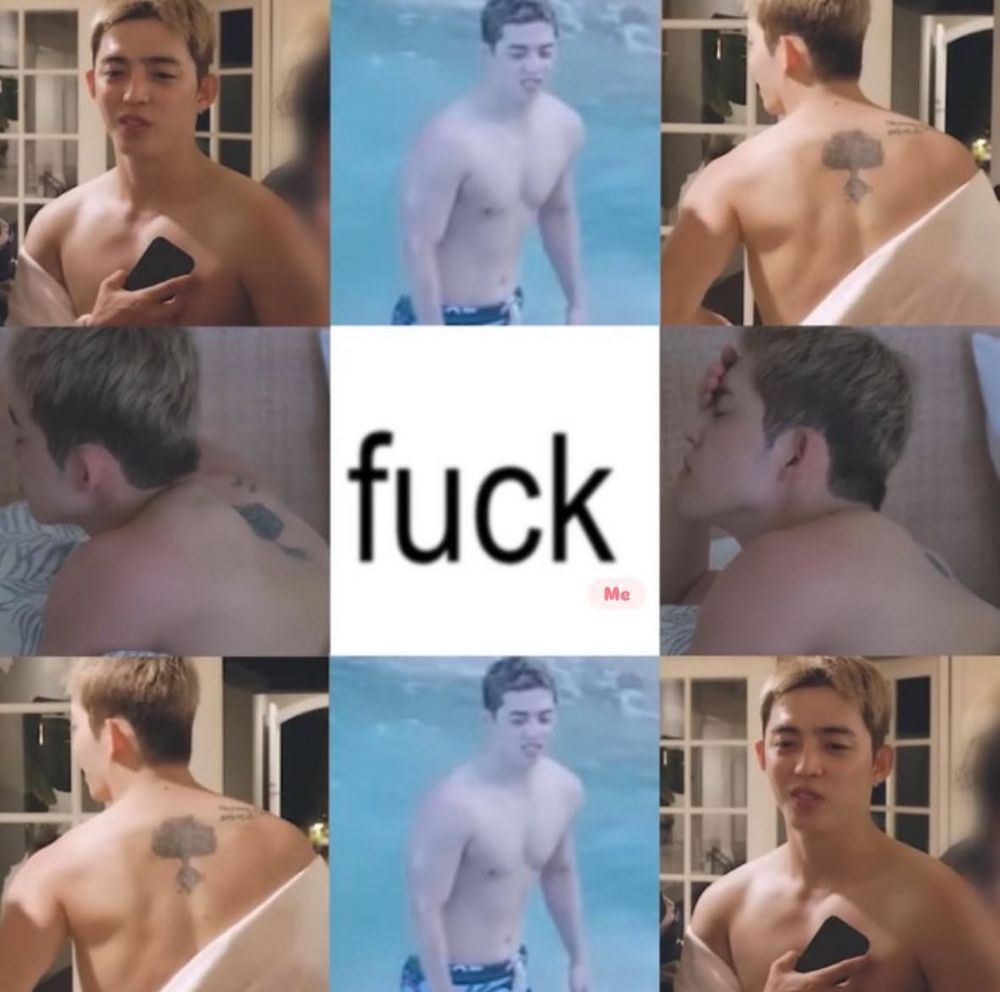 A 3x3 square image grid of screenshots from the Hype Vibes album shoot behind in which S.coups is shirtless from various angles. The middle square is the word “fuck” in a lowercase black font against a white background, and very small beneath it in red has been added the word “me”.
