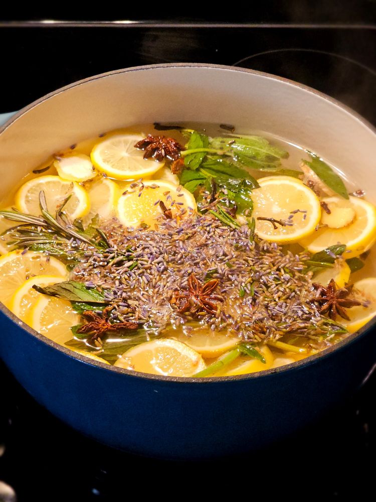 Simmer pot filled with water, lemon slices, mint, star anise, lavender, and rosemary sprigs. 