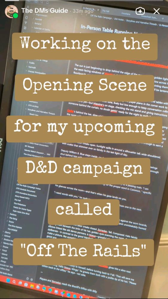 A computer monitor aligned vertically, depicting an Obsidian app with a typed out opening scene for a D&D campaign.