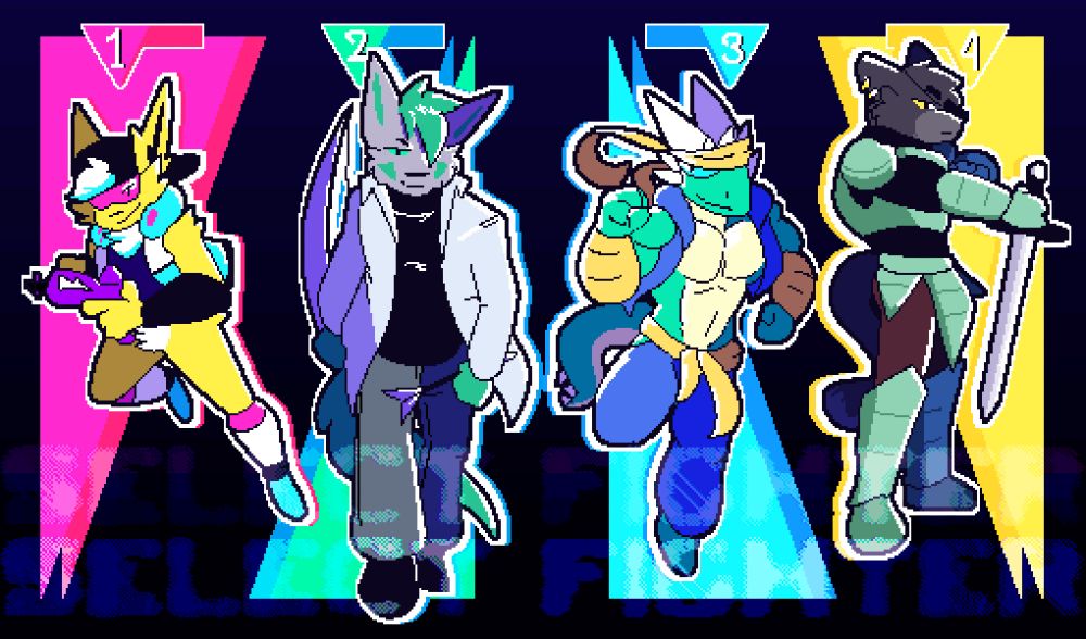 pixel art mocking up an arcade opening, featuring four characters. FizzyJay, Toma, Ken'pai, and Ryker