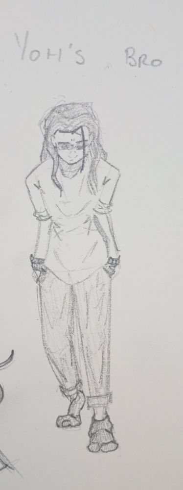 Pencil illustration of a young man with long hair. Hes wearing a long sleeve shirt with the sleeves rolled up to the elbow, jeans that are cuffed, driving gloves, and tabi.
Bros a bit emo