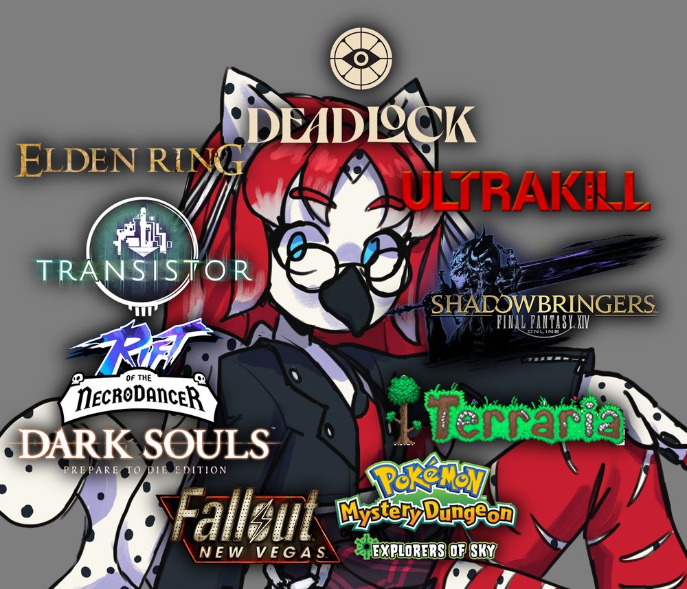 clockwise: deadlock, ultrakill, final fantasy xiv: shadowbringers, terraria, pokemon mystery dungeon: explorers of sky, fallout: new vegas, dark souls, rift of the necrodancer, transistor, elden ring