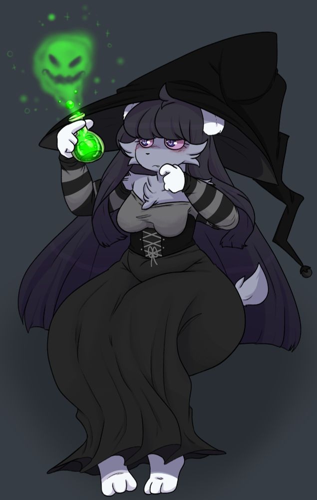 the same espurr witch, sitting and looking at a green potion