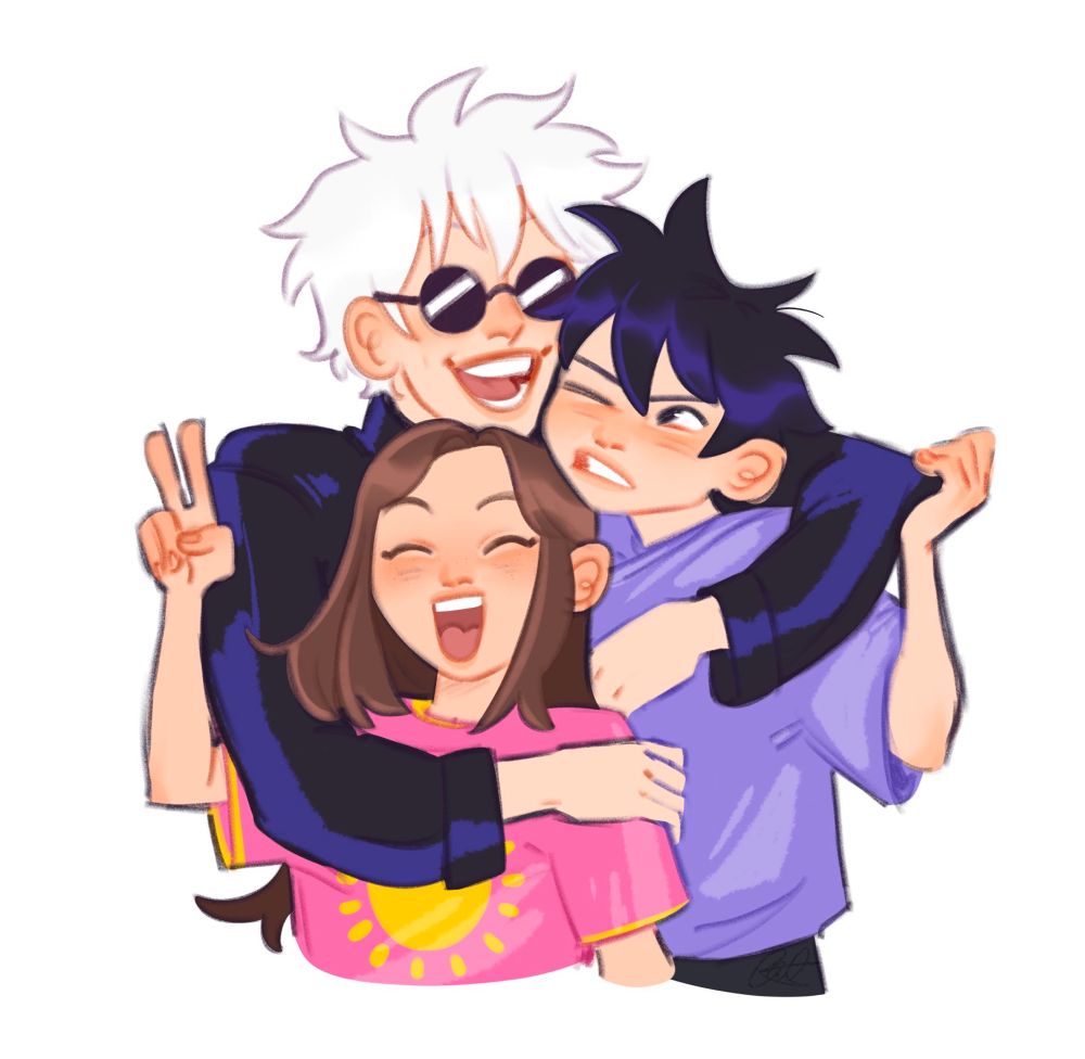 Gojo smiling hugging Megumi and Tsumiki. 