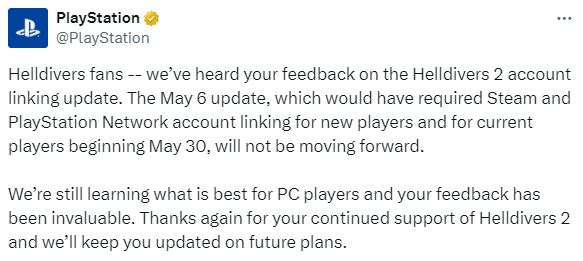 PlayStation announces cancellation of Helldivers 2 update requiring Steam and PSN account linking.