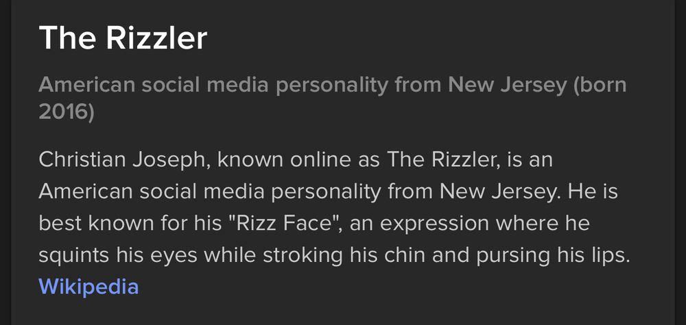 Screenshot of a Wikipedia summary that DuckDuckGo spat out at me…

The Rizzler
American social media personality from New Jersey (born 2016)
Christian Joseph, known online as The Rizzler, is an American social media personality from New Jersey. He is best known for his "Rizz Face", an expression where he squints his eyes while stroking his chin and pursing his lips.