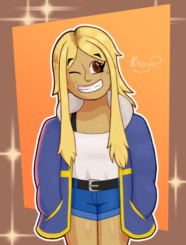 Digital drawing of a young woman with light olive skin, long blonde hair, and vibrant brown eyes. She is wearing a blue coat with yellow borders overtop an off-the-shoulder white shirt tucked into blue denim jeans fastened with a black belt. She is smiling and winking, looking away from the camera.