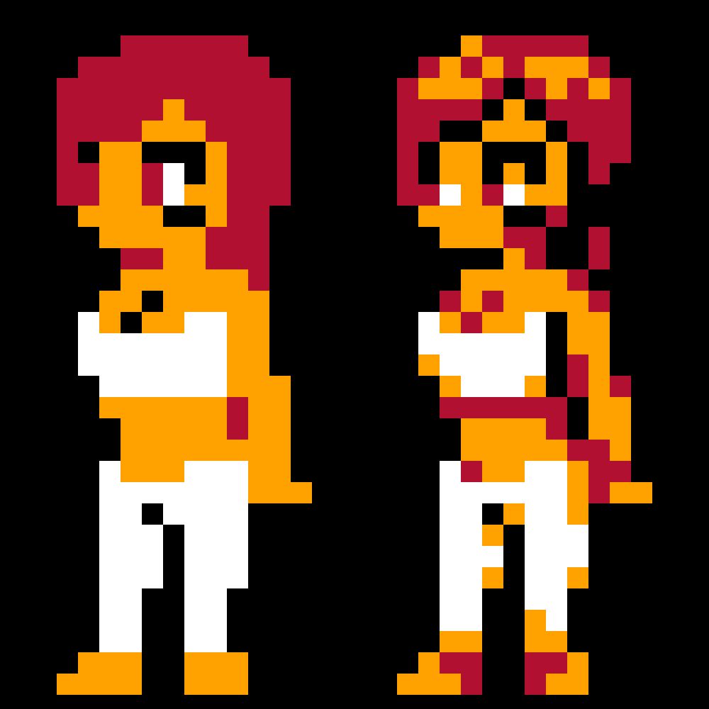 Two sprites side-by-side. The one on the left shows the base sprite of a woman with a slim figure wearing a strapless white bra and white pants with red hair and red eyes colored using flat colors. The one on the right shows the same base sprite but with shading and rendering techniques applied to give it a much improved sense of depth and life.