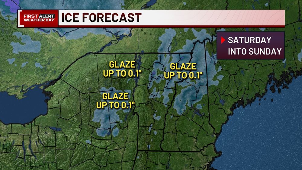 A map from WCAX of northeastern Upstate New York, Vermont, and New Hampshire for ice stating there will be ice (glaze) up to 0.1" from Saturday into Sunday.