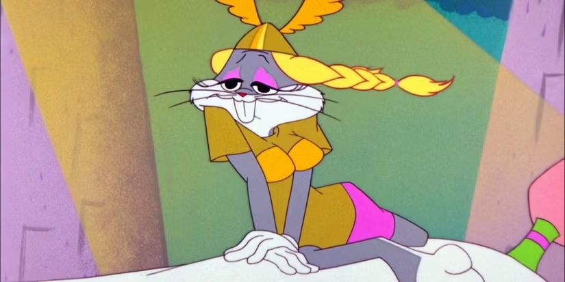 Bugs Bunny dressed in drag as a Viking girl.