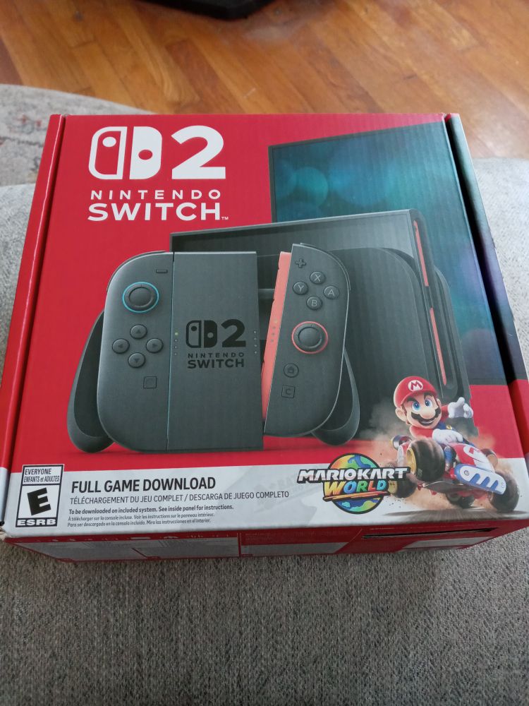 A photo of an unopened box for Nintendo Switch 2 with Mario Kart World.