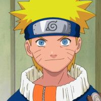 Naruto Uzumaki from Naruto. A smug japanese boy wearing a headband with a metal plate bearing the insignia of the leaf village. He has blond spikey hair and is pictured here wearing his standard orange and blue jumpsuit.