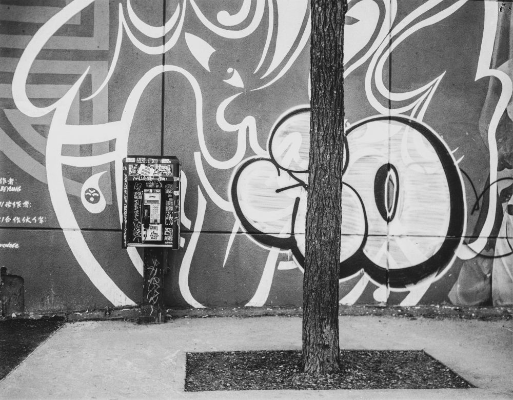 A payphone kiosk with an extraordinary amount of graffiti and stickers covering it in front of a stucco wall covered with graffiti. The trunk of tree is in front.