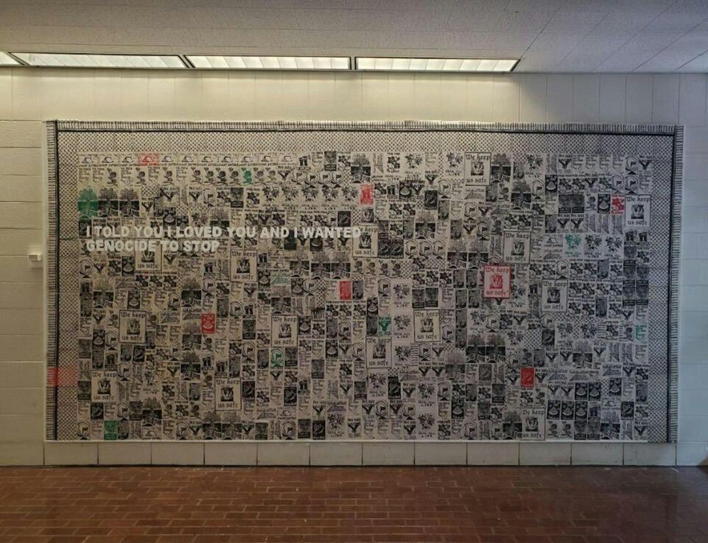 Photo of a mural made up of smaller images with text in front that says "I told you I loved you and wanted genocide to stop"