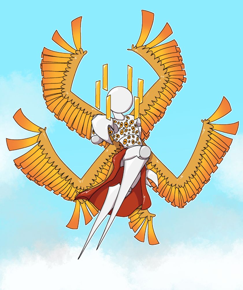 White faceless angel character in center frame with 6 wings in front of an abstract simplified sky.