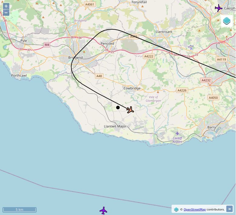 Map of aircraft tracking above Sigingstone