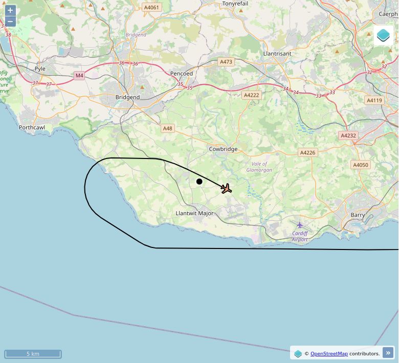 Map of aircraft tracking above Sigingstone