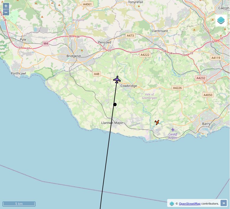 Map of aircraft tracking above Sigingstone