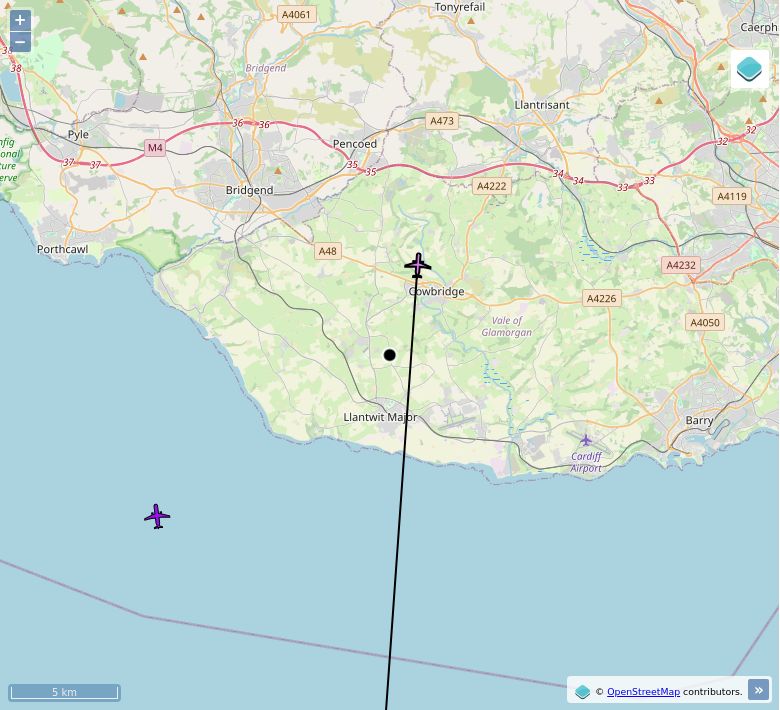 Map of aircraft tracking above Sigingstone