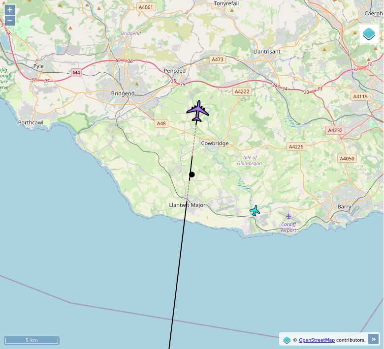 Map of aircraft tracking above Sigingstone