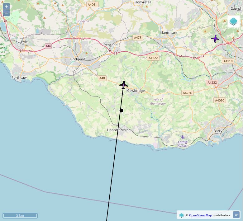 Map of aircraft tracking above Sigingstone